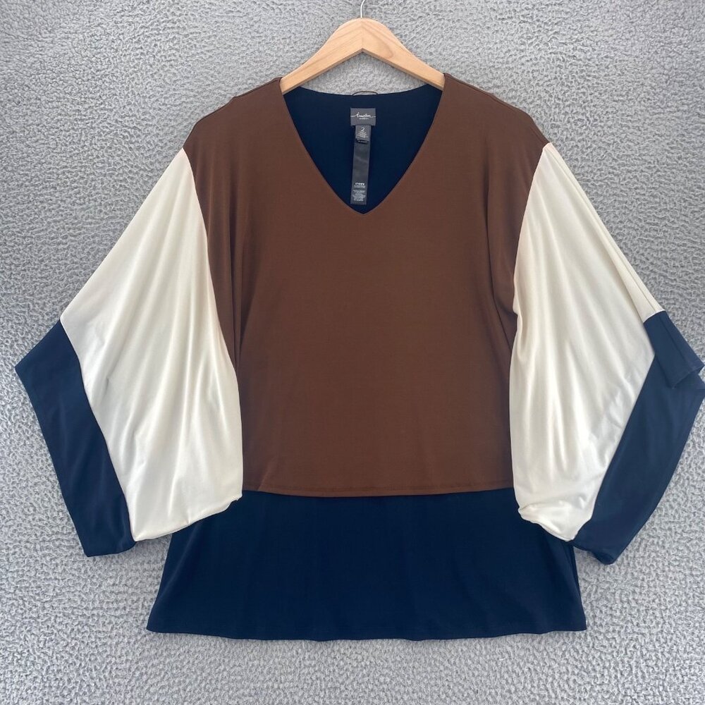 Chicos Top Womens 2 US Large Brown Colorblock Travelers Knit Shawl 3/4 Sleeves